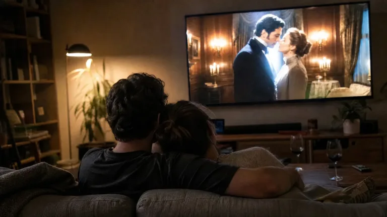 Paar kuschelt beim Filmabend auf dem Sofa und schaut ein Kostümdrama im Fernsehen