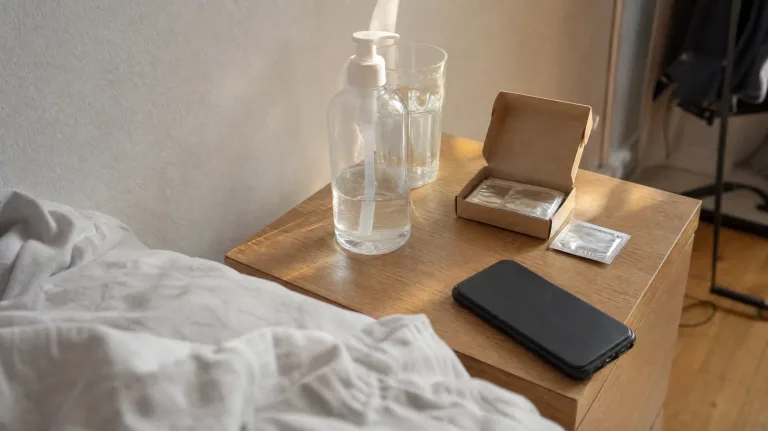 Nachttisch im Morgenlicht mit Gleitgel-Pumpflasche, einer Schachtel Kondome, Wasserglas und Smartphone neben dem zerwühlten Bett